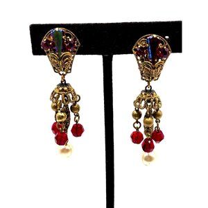 M. Haskell Attributed Unsigned Gold Filigree Dangle Clip Earrings 1940s 2.5 inch